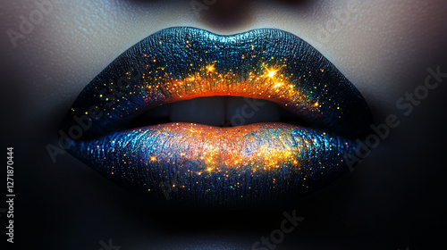 Galaxy inspired lip art showing shimmering colors and glitter effects on lips in close up view of a beauty creation