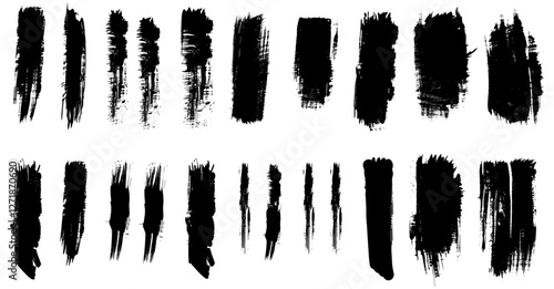 Vector abstract brush strokes, black ink lines, grunge texture, paintbrush strokes, ink smear stains, white background, artistic design