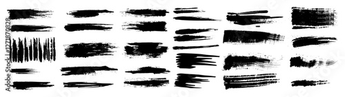 Black ink lines, vector brush strokes, paint grunge texture, ink smear stains, abstract art, white background, creative illustration