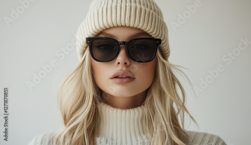 Woman in winter hat and sunglasses poses against a light background in a cozy...