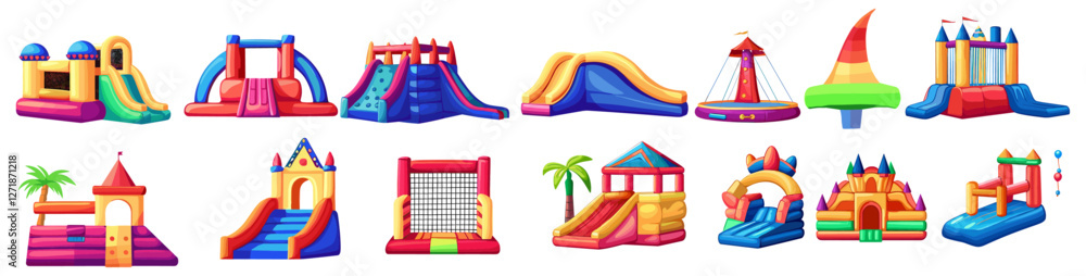 Ταπετσαρία Cartoon vector illustration of kids playground, bouncy castle, trampoline, slide