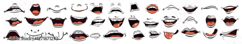 Cartoon mouth vector illustration, happy sad expression set, hand drawn doodle smile, tongue caricature emoji, funny comic style