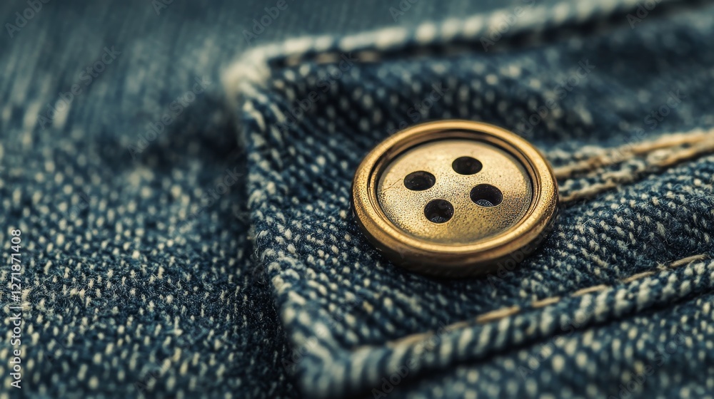 Brass button on denim fabric close up Brass button on denim fabric close up