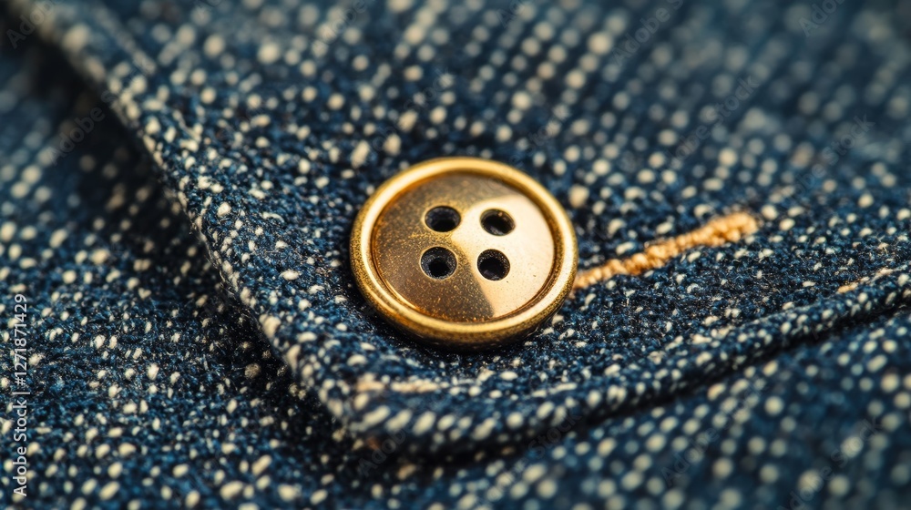 Brass button on denim fabric close up Brass button on denim fabric close up
