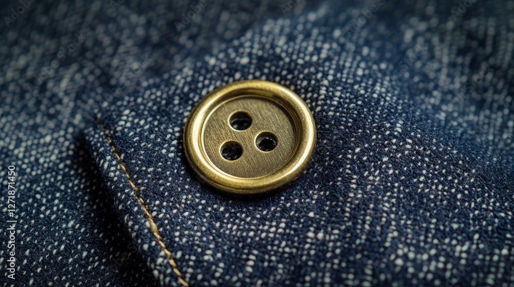 Brass button on denim fabric close up Brass button on denim fabric close up