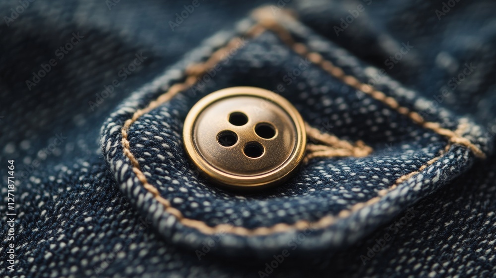 Brass button on denim fabric close up Brass button on denim fabric close up