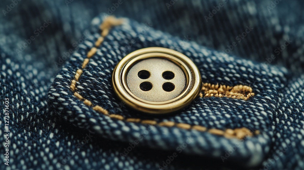 Brass button on denim fabric close up Brass button on denim fabric close up