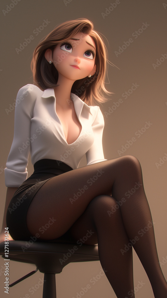 Naklejka premium Elegant animated character seated on a stool in a soft-lit studio setting