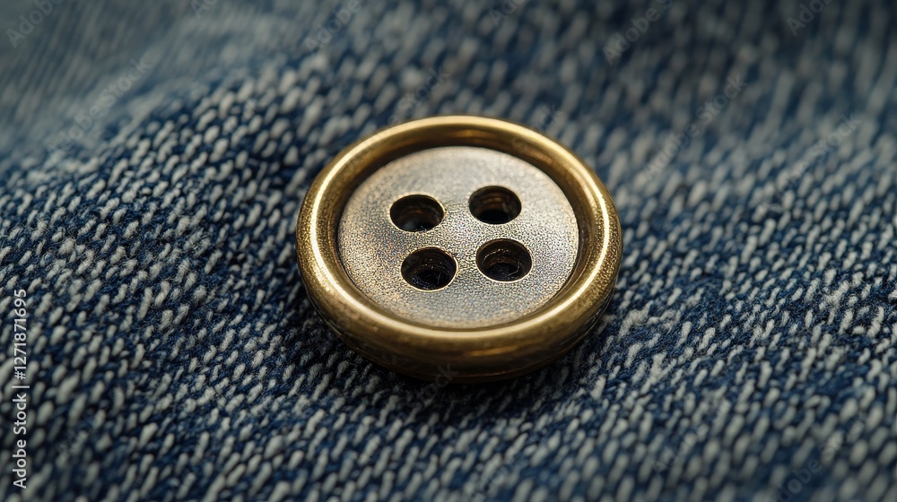Brass button on denim fabric close up Brass button on denim fabric close up