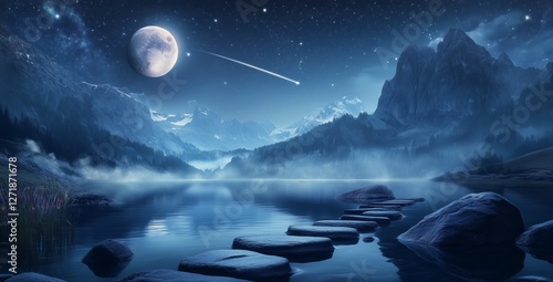 Starlit night over a serene lake with mountains and a bright moon illuminatin...