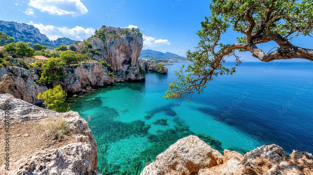 Serene Coastal Cove with Crystal-Clear Turquoise Water, Dramatic Cliffs, and Lush Vegetation Under a Vibrant Blue Sky