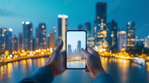 A person is holding a cell phone up to their eye to take a picture of a city