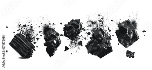Realistic charcoal explosion, bituminous coal, bamboo coal, carbon powder splash, floating coals, dust cloud, macro closeup, transparent background, black charcoal, vector illustration