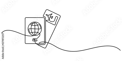 One Continuous Line Drawing of Passport Icon. Single Line Vector Illustration, One Continuous Line Drawing of Visa Applications Icon. Single Line Vector Illustration, Passport Icon Design with minimal