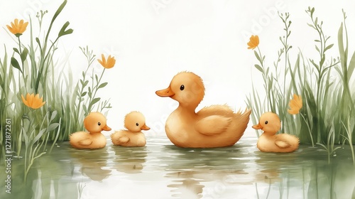 A watercolor illustration of a mother duck and her ducklings swimming peacefully in a river surrounded by soft flowers.  photo