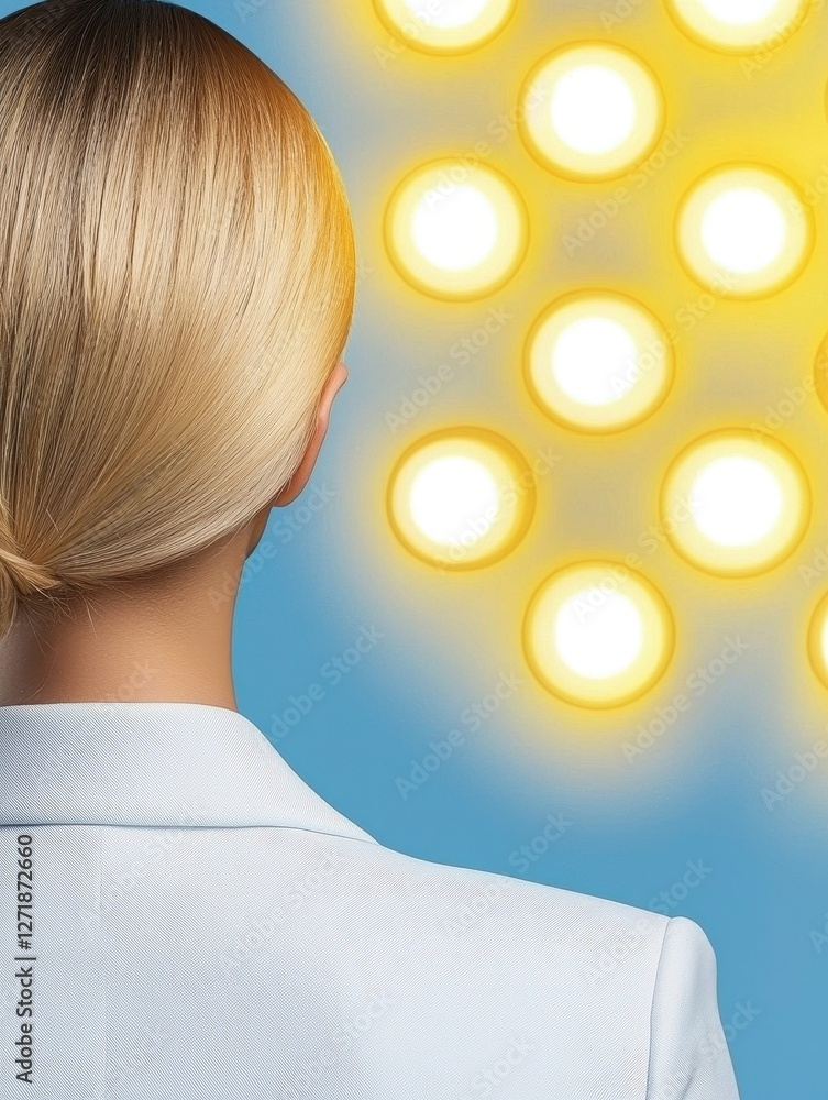 Fototapeta premium A woman with a sleek, blonde hairstyle is seen from behind, illuminated by bright, circular lights against a blue background.