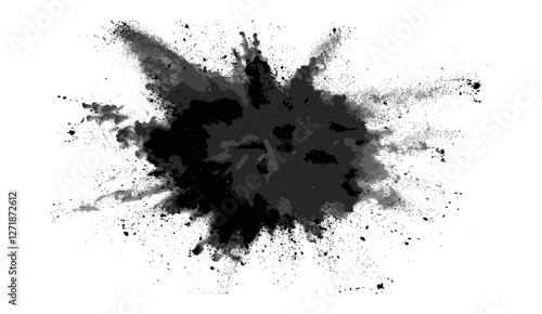 Charcoal powder explosion, black explosive smoke splatter, coal dust cloud, vector illustration, white background, dark abstract art