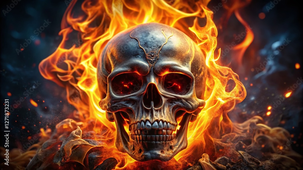Flaming Skull, Infernal Head, Fiery Skull, Burning Skull, Depth of Field Stock Photo Flaming Skull, Infernal Head, Fiery Skull, Burning Skull, Depth of Field Stock Photo