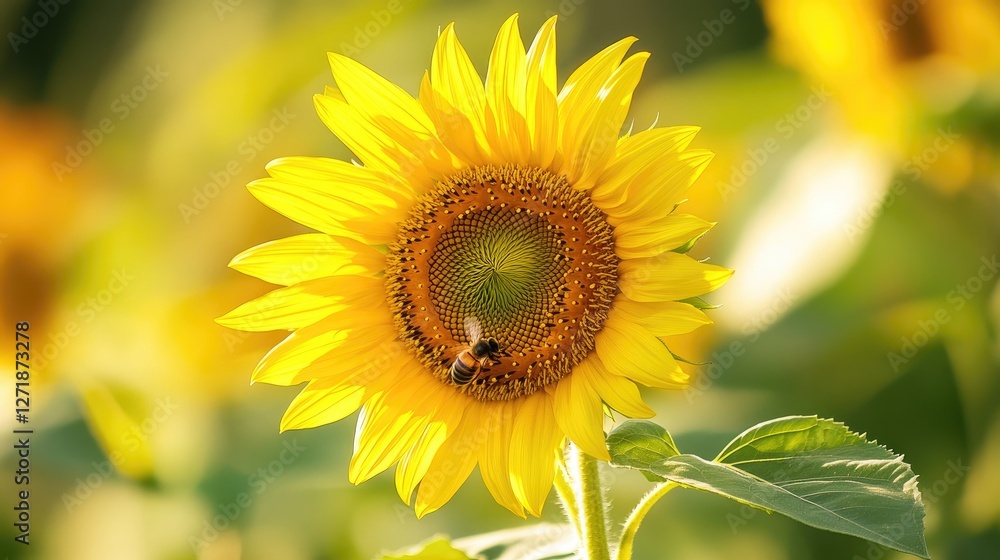 A cheerful sunflower with a bee resting on its center, capturing the interaction between nature and wildlife with the bright yellow petals in sharp focus. A cheerful sunflower with a bee resting on its center, capturing the interaction between nature and wildlife with the bright yellow petals in sharp focus.