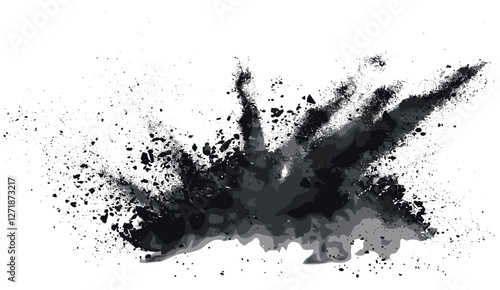 Black charcoal explosion, macro closeup of floating coal pieces, bamboo carbon powder splash, dust cloud, 3D realistic vector illustration