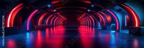 Modern underground passageway illuminated with vibrant neon lights in a futur...
