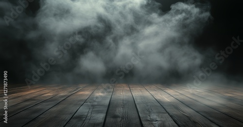 Fog rolling across wooden floor in a dimly lit space during evening