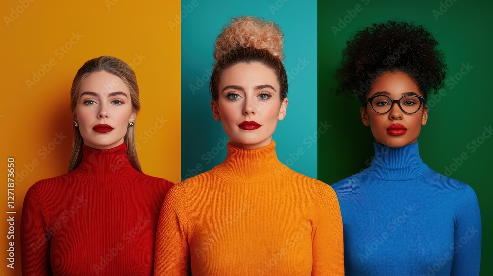 Fototapeta premium Three women pose together in colorful turtlenecks against vibrant backgrounds, showcasing diverse styles and confident expressions.