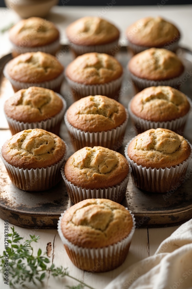 Freshly baked muffins cooling on a rustic tray in a cozy kitchen setting filled with natural light Freshly baked muffins cooling on a rustic tray in a cozy kitchen setting filled with natural light
