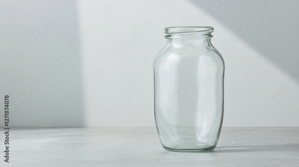 Empty glass jar on a light gray surface Empty glass jar on a light gray surface