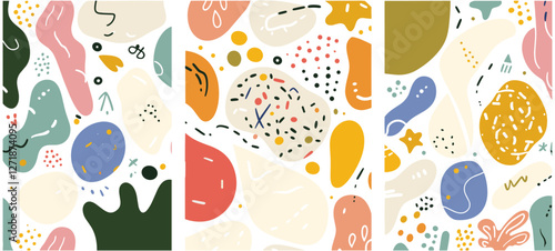 Modern abstract seamless patterns, colorful natural shapes, blots on white background, trendy motley vector illustration, flat style, wrapping paper, textile print, wallpaper