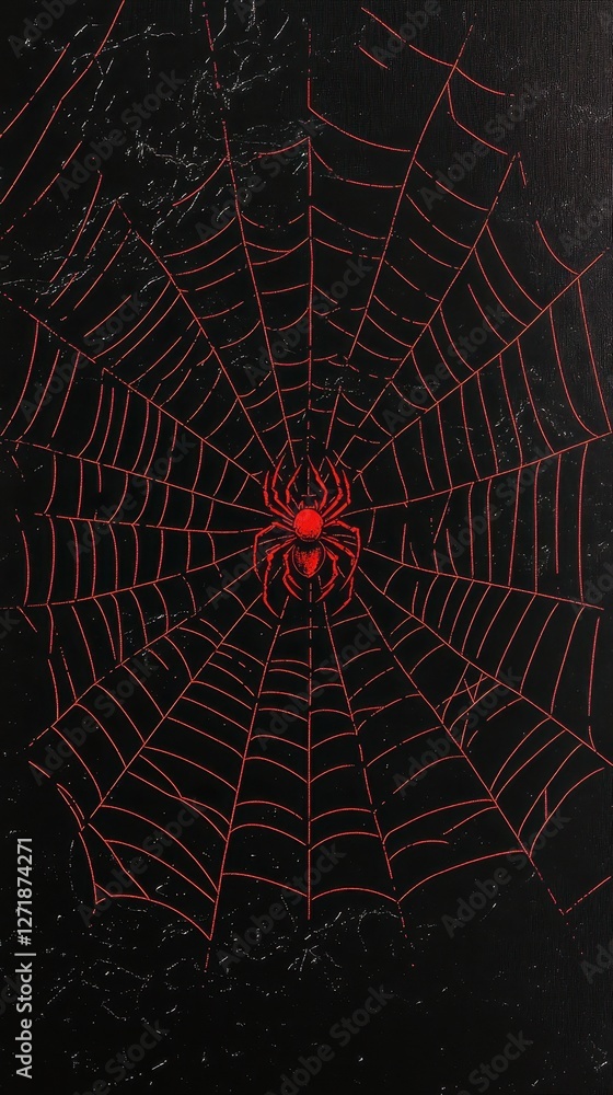 Fototapeta premium Red spider sits menacingly in a web against black background