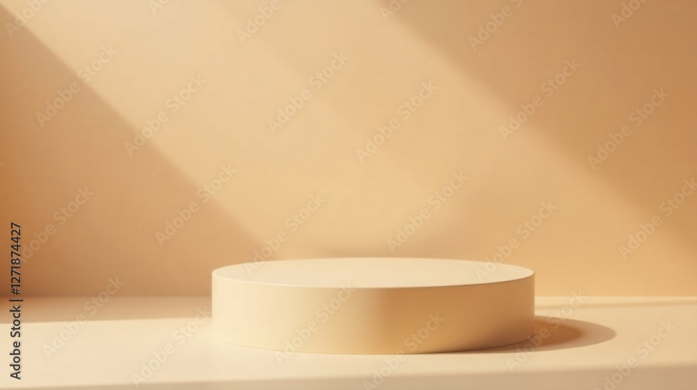 A minimalist beige cylindrical platform bathed in soft sunlight, ideal for showcasing products or branding, on a neutral backdrop A minimalist beige cylindrical platform bathed in soft sunlight, ideal for showcasing products or branding, on a neutral backdrop