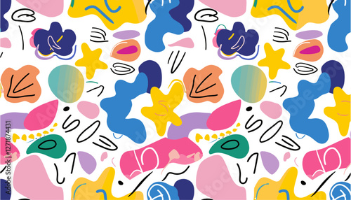 Abstract floral shapes, groovy doodles, squiggle lines, colorful vector seamless pattern, retro-inspired designs, creative projects