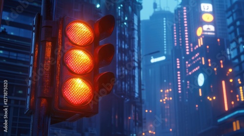 A close-up of a traffic light in the evening, with glowing signals against a cityscape background, illustrating nighttime traffic management.