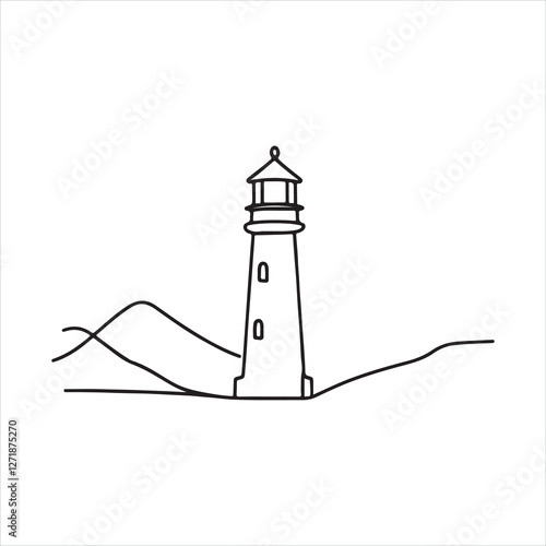 Single one line Continuous one simple single abstract line drawing of lighthouse icon in silhouette on a white background silhouette on white background
