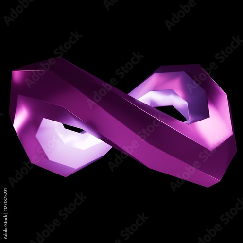 Futuristic 3D faceted infinity symbol, abstract purple ribbon with lighting on a black background, modern digital art, neon geometric shape, concept of infinity and eternity