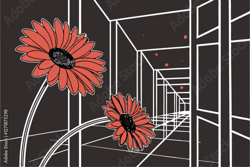 35 Dark moody background, vibrant red gerbera daisies, minimalist wire frame structures, reflective surface, dramatic contrast, surreal composition, black and white with red accents, abstract art inst