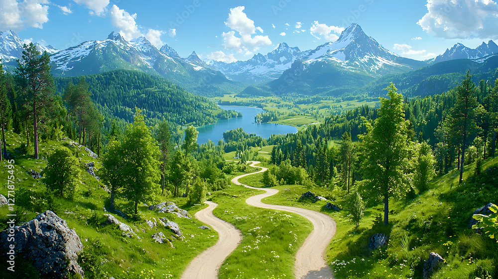 Fototapeta premium Winding road through alpine lake valley