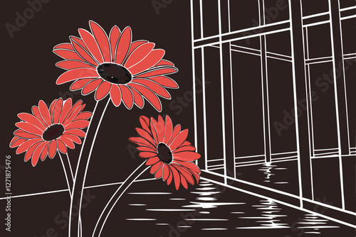 35 Dark moody background, vibrant red gerbera daisies, minimalist wire frame structures, reflective surface, dramatic contrast, surreal composition, black and white with red accents, abstract art inst