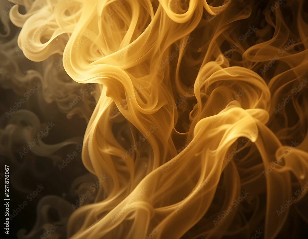 Fototapeta premium Swirling golden smoke illuminated by soft glowing light, abstract mystical effect, dark background, high resolution 
