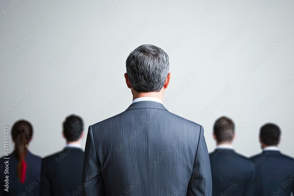 A group of professionals facing away, highlighting leadership and teamwork dynamics in a corporate environment. A group of professionals facing away, highlighting leadership and teamwork dynamics in a corporate environment.