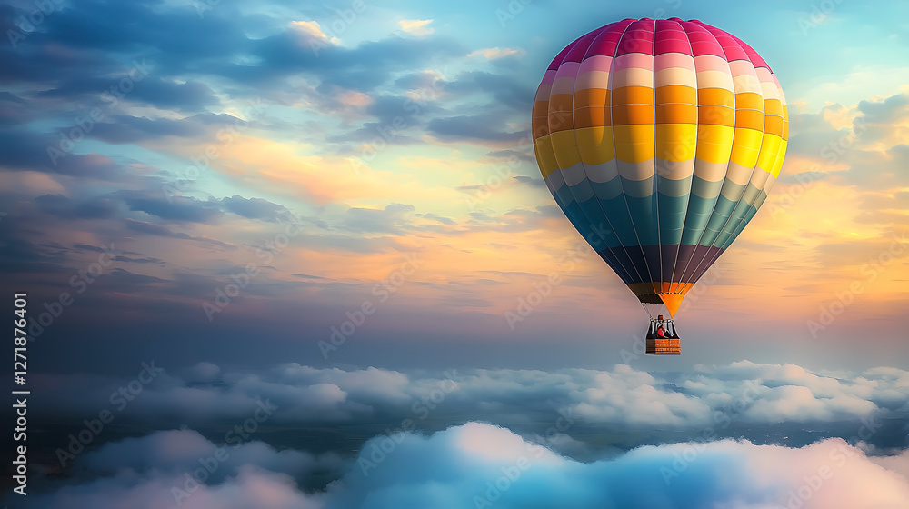 Naklejka premium A colorful hot air balloon is floating in the sky above a cloudy backdrop