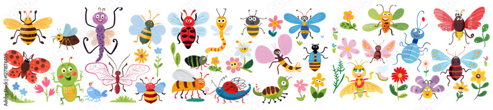 Flat vector illustration of cute insects, funny bugs, smiling beetles, grasshopper, dragonfly with wings, bee, ant, caterpillar, red ladybug, kids collection, flowers isolated. Flat vector illustration of cute insects, funny bugs, smiling beetles, grasshopper, dragonfly with wings, bee, ant, caterpillar, red ladybug, kids collection, flowers isolated.