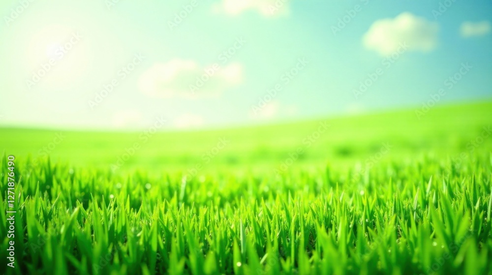 Vibrant Green Meadow Under a Summer Sky A Close-Up View of Lush Grass Blades Extending to a Gently Rolling Horizon Vibrant Green Meadow Under a Summer Sky A Close-Up View of Lush Grass Blades Extending to a Gently Rolling Horizon