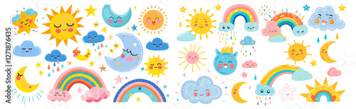 Flat weather set with cute sun, sleep moon, rainbow, funny clouds, sweet stars, childish characters, happy emotions, vector stickers, kids, isolated on white background,