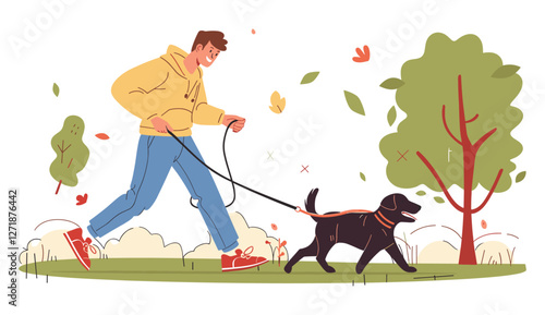 Boy with dog in city park, walking dog on leash, happy puppy enjoying outdoor play, playful pet, young man, pet owner, puppy walking service, domestic animal,
