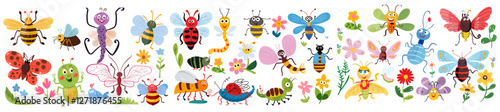Flat vector illustration of cute insects, funny bugs, smiling beetles, grasshopper, dragonfly with wings, bee, ant, caterpillar, red ladybug, kids collection, flowers isolated.