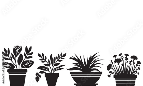 Potted plants silhouette icon set. Black color indoor houseplants in flowerpots.