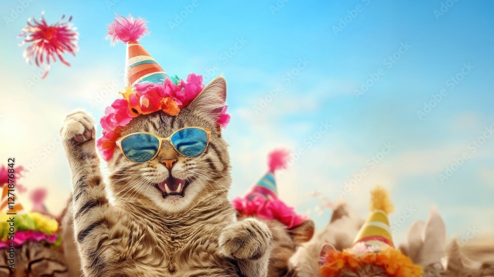 Whimsical birthday celebration with kittens festive atmosphere joyful event playful viewpoint Whimsical birthday celebration with kittens festive atmosphere joyful event playful viewpoint
