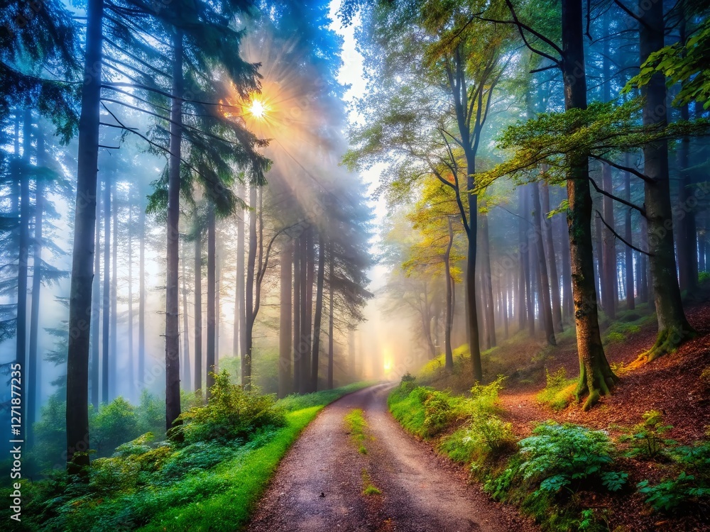 Obraz premium Foggy Forest Path: Misty Trees, Overcast Sky, Peaceful Nature Scene